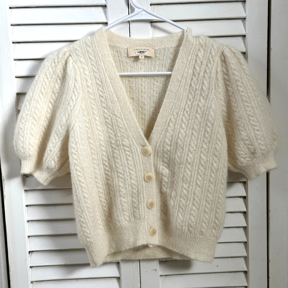 Sezane Perrin Cardigan S Italy Mohair Cable Knit Puff Sleeve Coquette Romantic